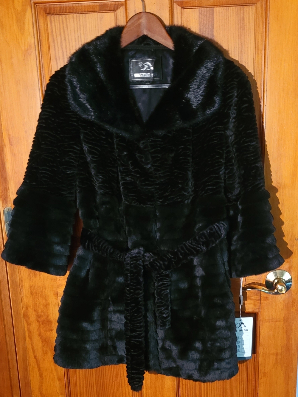 Kristina Fur Black Faux Fur Coat with Belt Size 3 XL NWT